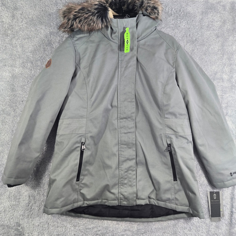 Free Country Womens Gray Heavy Winter Parka Jacket Faux Fur Hood Repreve L New